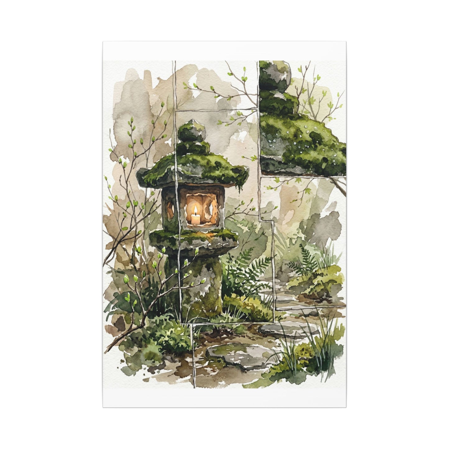 Stone Lantern Watercolor Canvas Art | Elegant Japandi Art