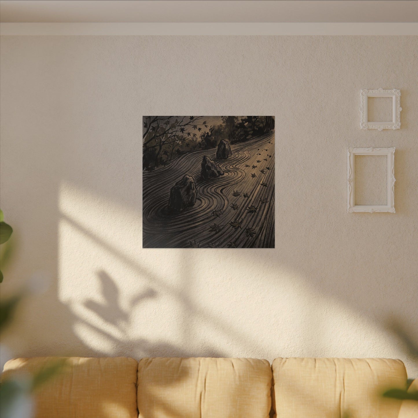 Rock Garden Canvas Art | Autumn Dark Japandi Charcoal Ink Art