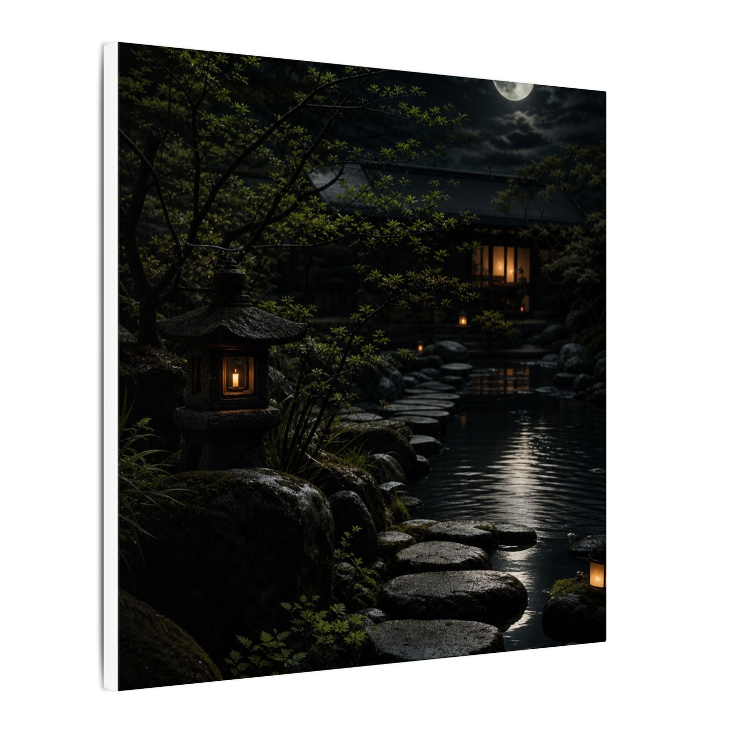 Moonlit Garden Shadow Zen Canvas Art | Sophisticated Dark Japandi Art