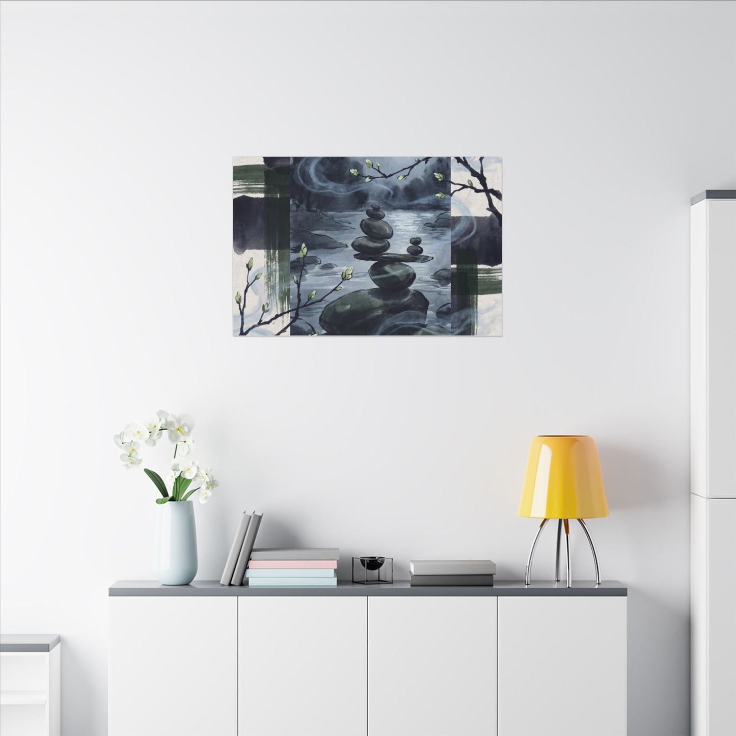 Moonlight River Stones Canvas Art - Zen Shibui