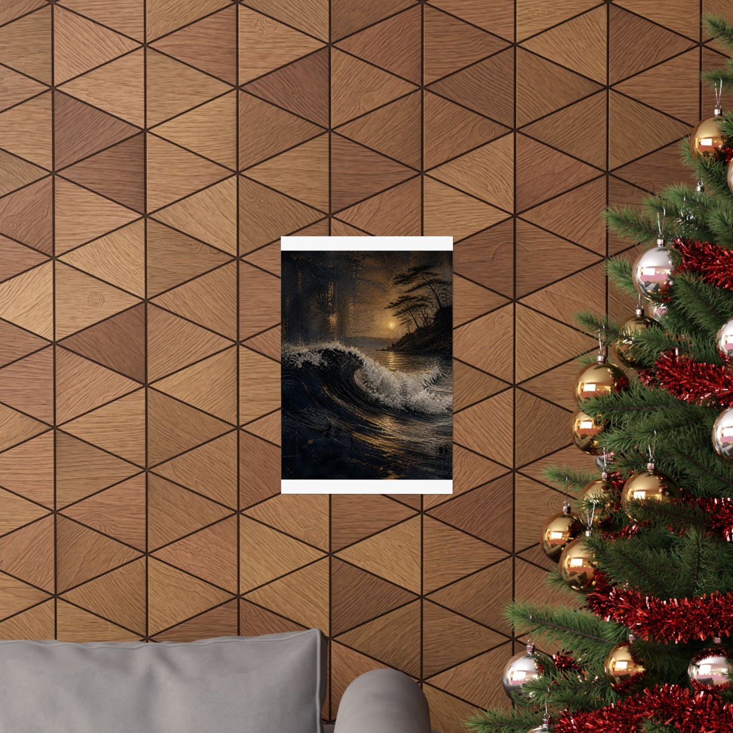 Dark Japandi Ocean Wave in Golden Hour | Dark Texture Wall Art Print