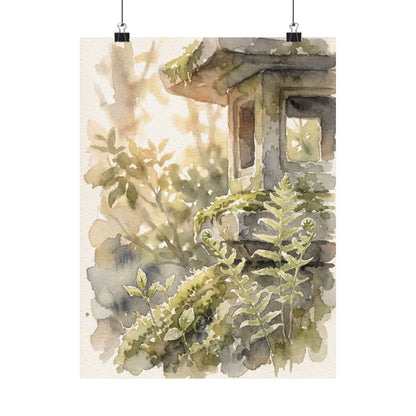 Seijaku Stone Lantern Wall Art Print - Japandi Watercolor