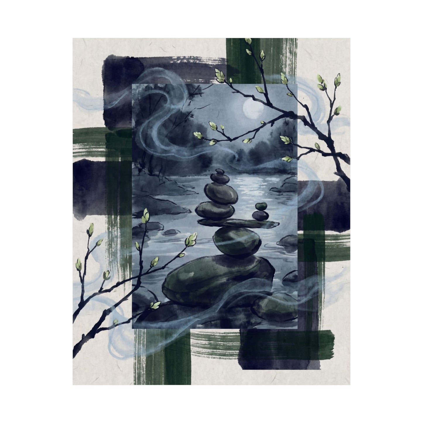 River Stones Wall Art Print | Spring Zen Sumi E Art