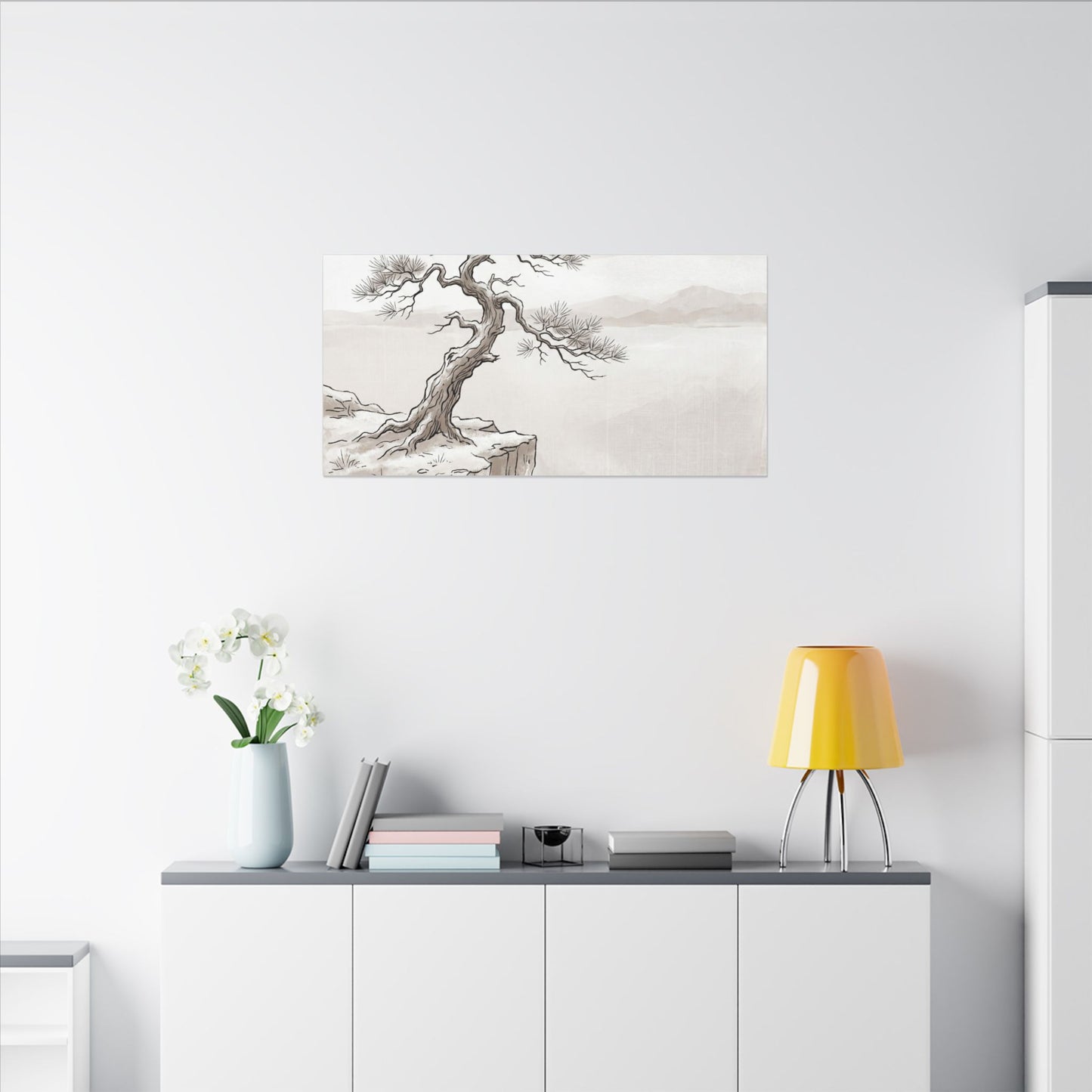 Neutral Pine Tree Canvas Art - Minimal Line Japandi