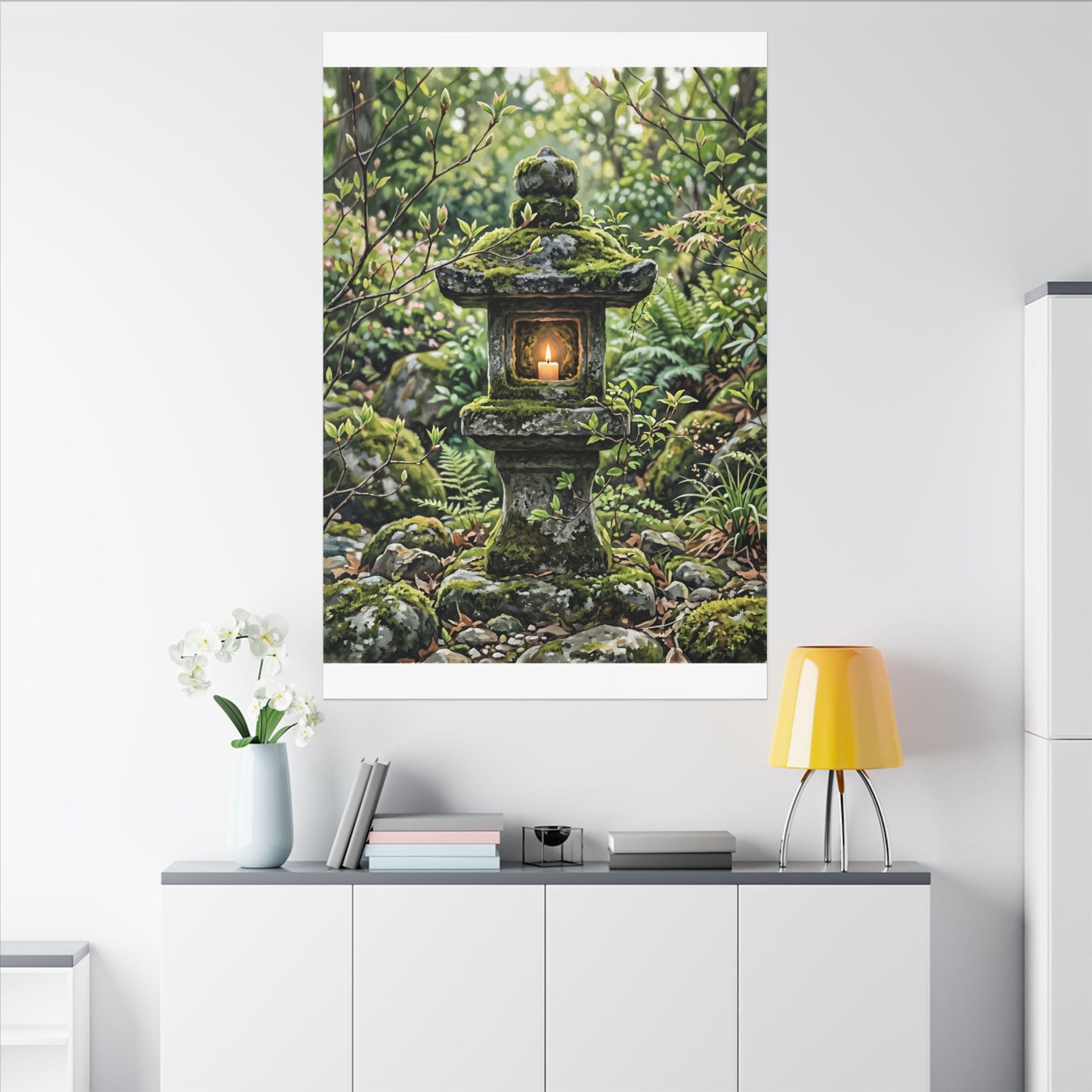 Neutral Stone Lantern Canvas Art - Japanese Pattern Japandi