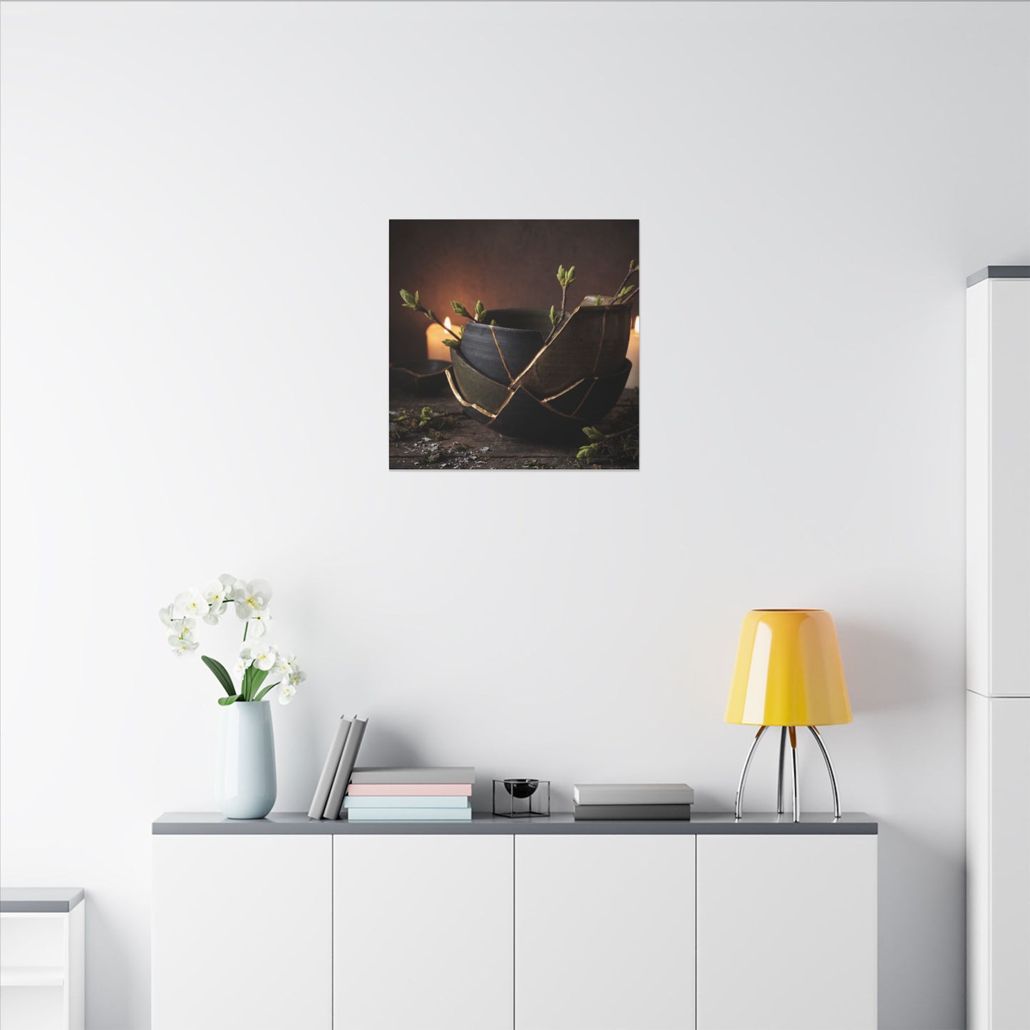 Broken Pottery Spring Canvas Art | Dark Japandi Luxurious Design