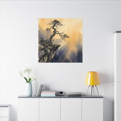 Zen Pine Tree in Golden Hour | Sumi E Canvas Art