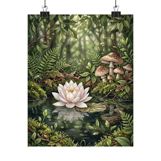 Nostalgic Lotus Flower Wall Art Print - Mushroom Illustration Cottagecore