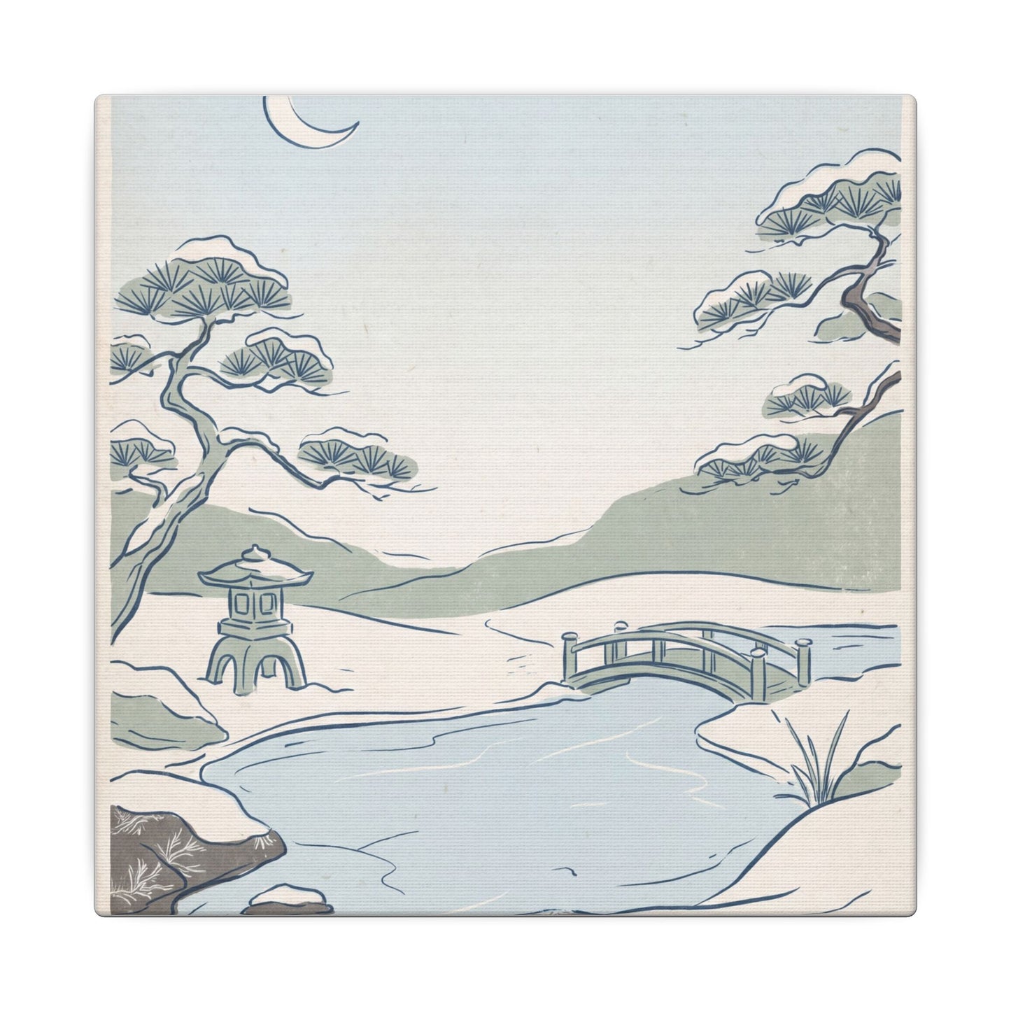 Japandi Moonlit Garden in Moonlight | Minimal Line Canvas Art