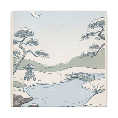 Japandi Moonlit Garden in Moonlight | Minimal Line Canvas Art