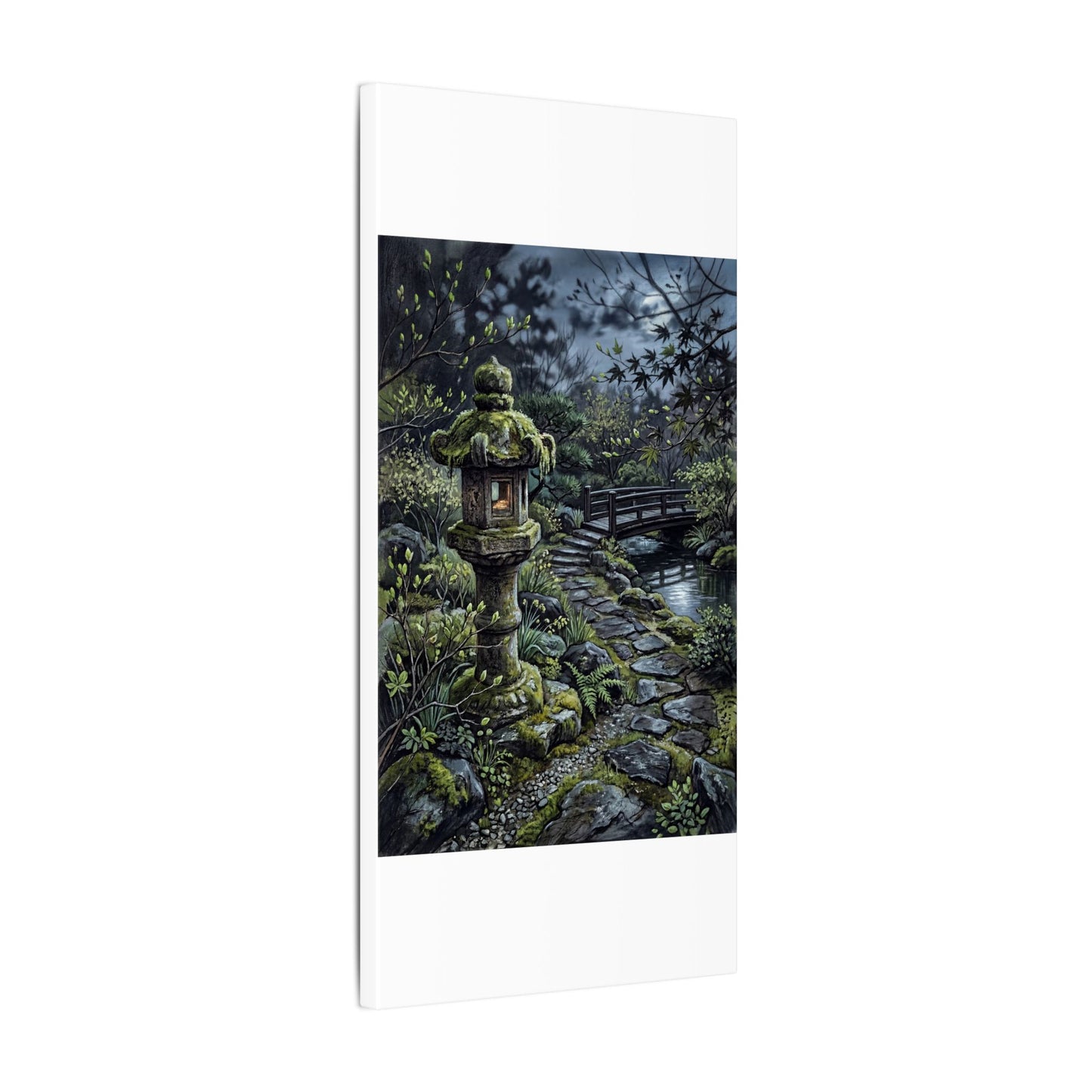 Japandi Stone Lantern in Moonlight | Texture Canvas Art