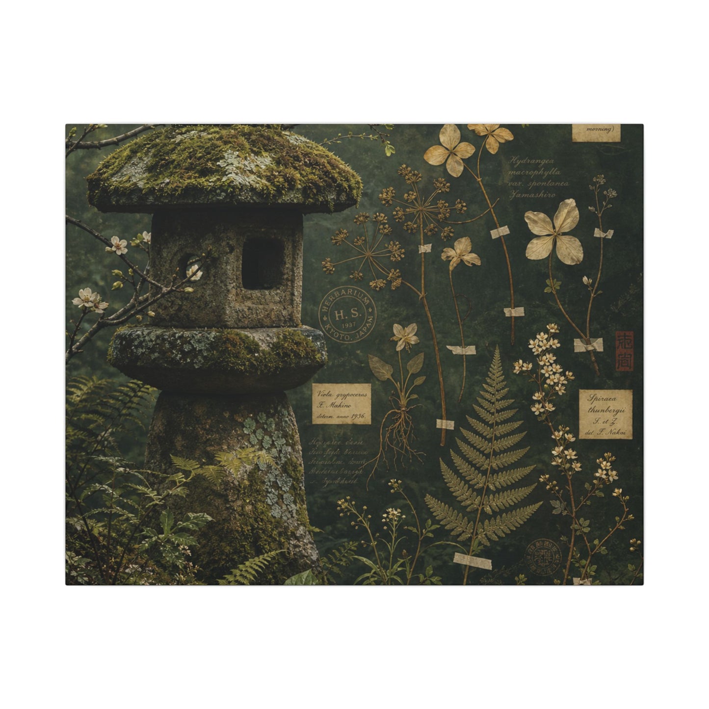 Spring Stone Lantern Herbarium Canvas Art | Nostalgic Decor