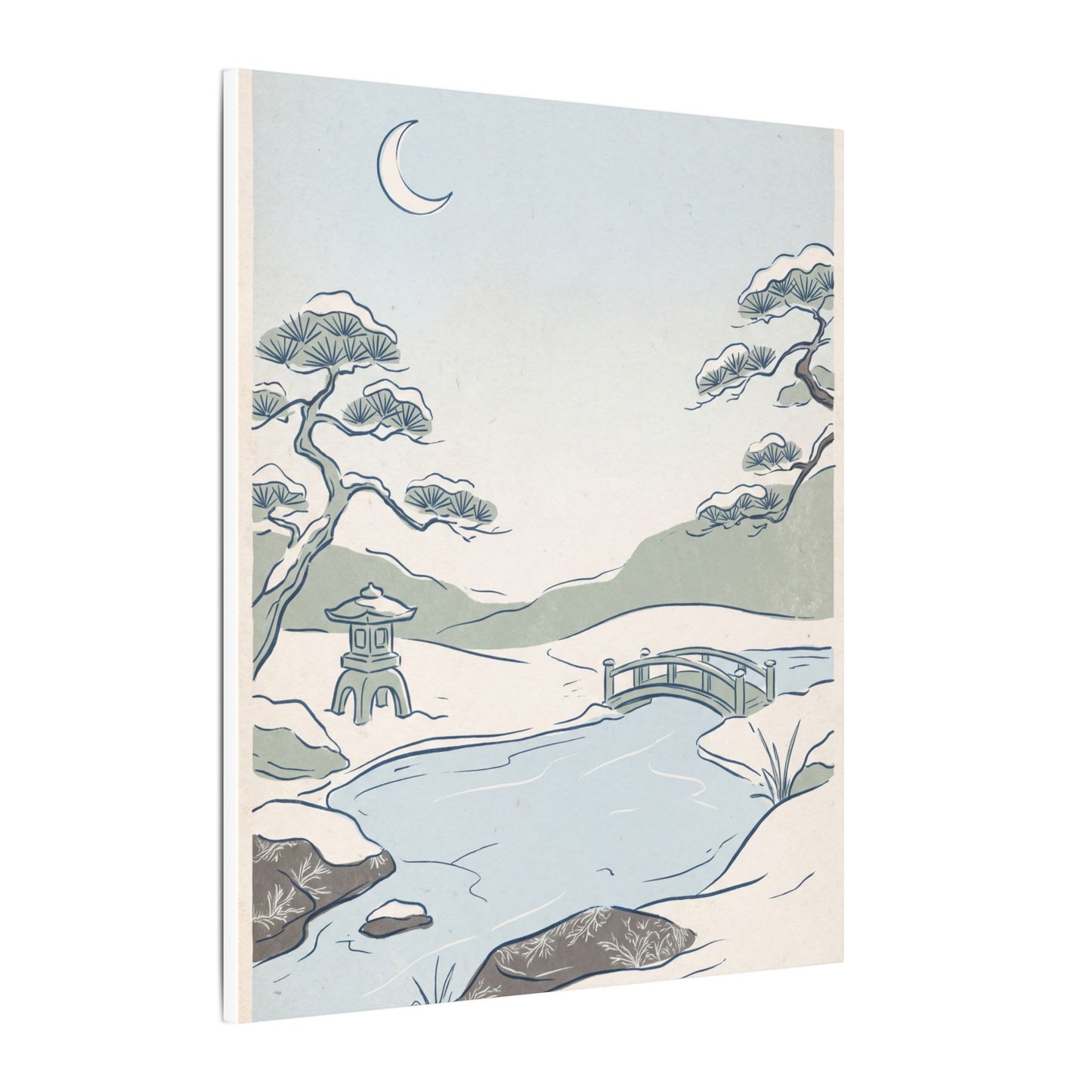 Japandi Moonlit Garden in Moonlight | Minimal Line Canvas Art