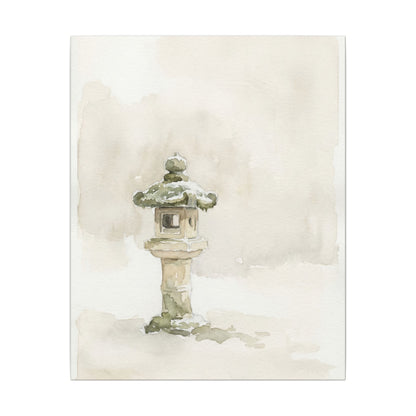 Stone Lantern Winter Canvas Art | Japandi Earthy Design