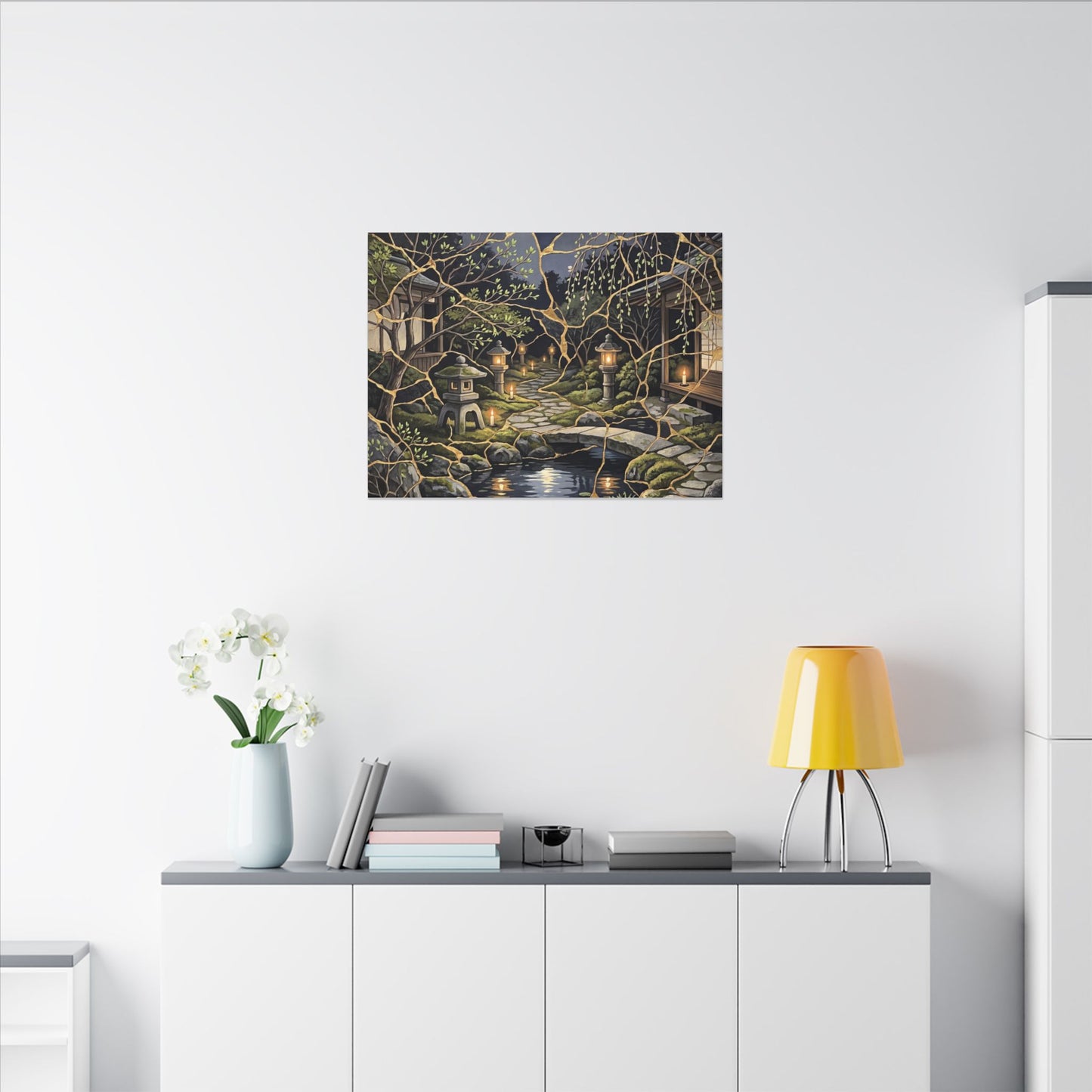 Kintsugi Moonlit Garden in Candlelight | Gold Vein Canvas Art