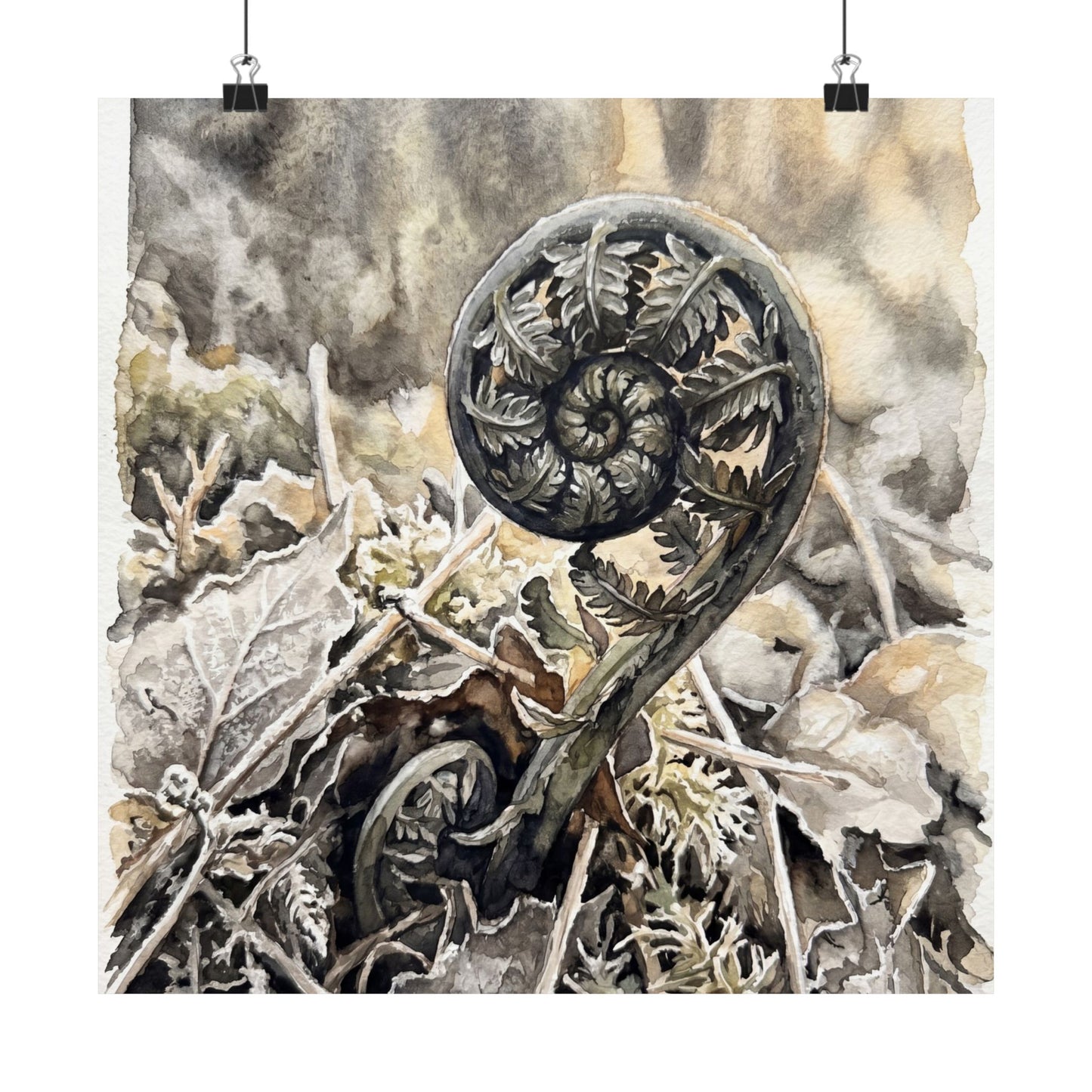 Japandi Fern Unfurling in Golden Hour | Watercolor Wall Art Print