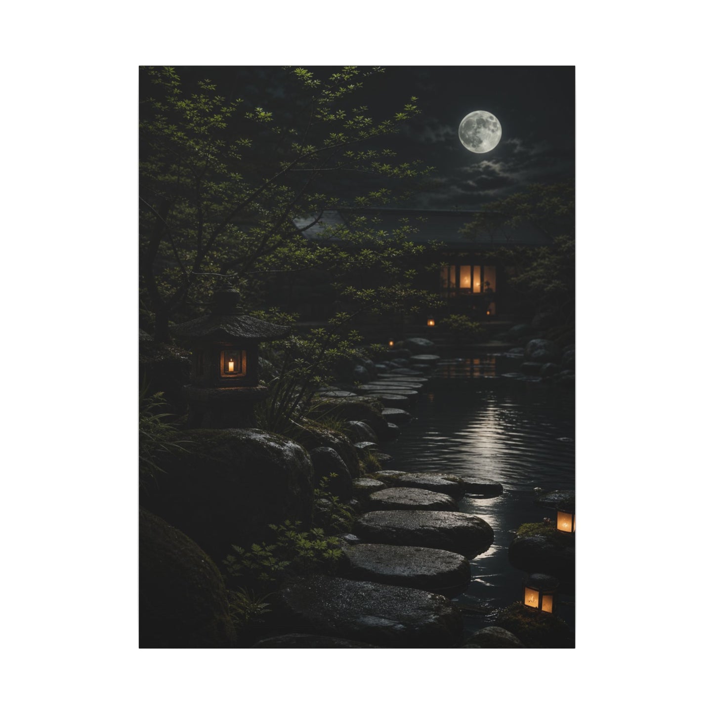 Moonlit Garden Shadow Zen Canvas Art | Sophisticated Dark Japandi Art