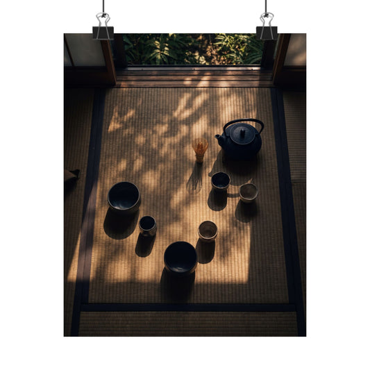 Golden Hour Tea Ceremony Wall Art Print - Dark Japandi Shibui Art Print