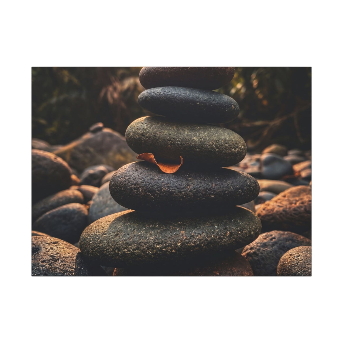 Dark Japandi River Stones in Golden Hour | Moody Minimal Canvas Art