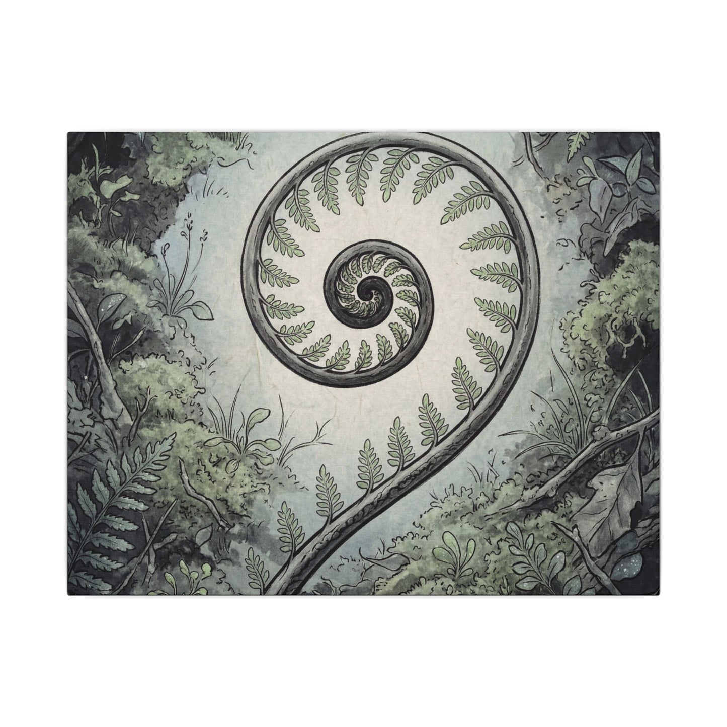 Zen Fern Unfurling in Dawn | Ukiyo E Inspired Canvas Art Art Print