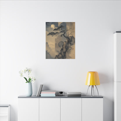 Japandi Pine Tree in Moonlight | Japanese Pattern Canvas Art