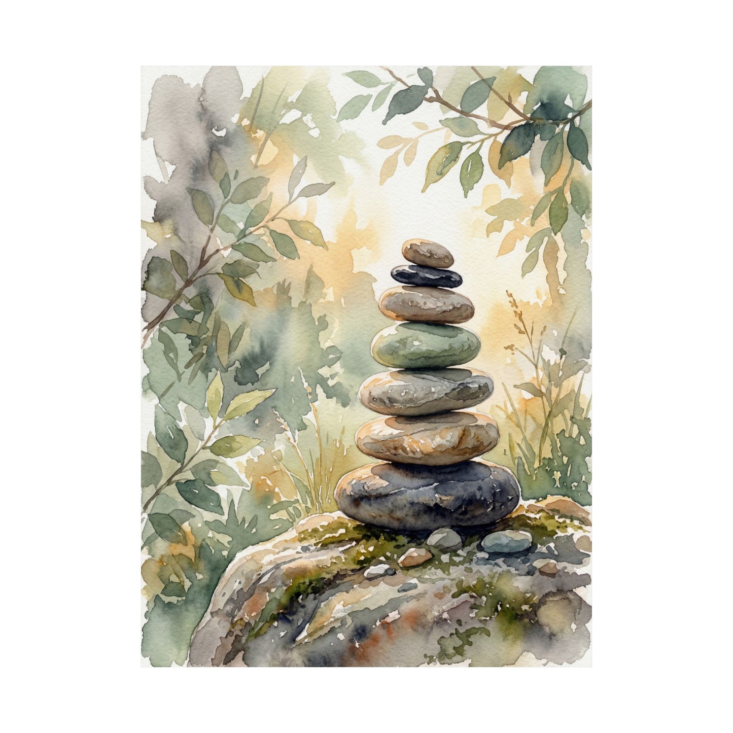 River Stones Wall Art Print | Summer Japandi Watercolor Art