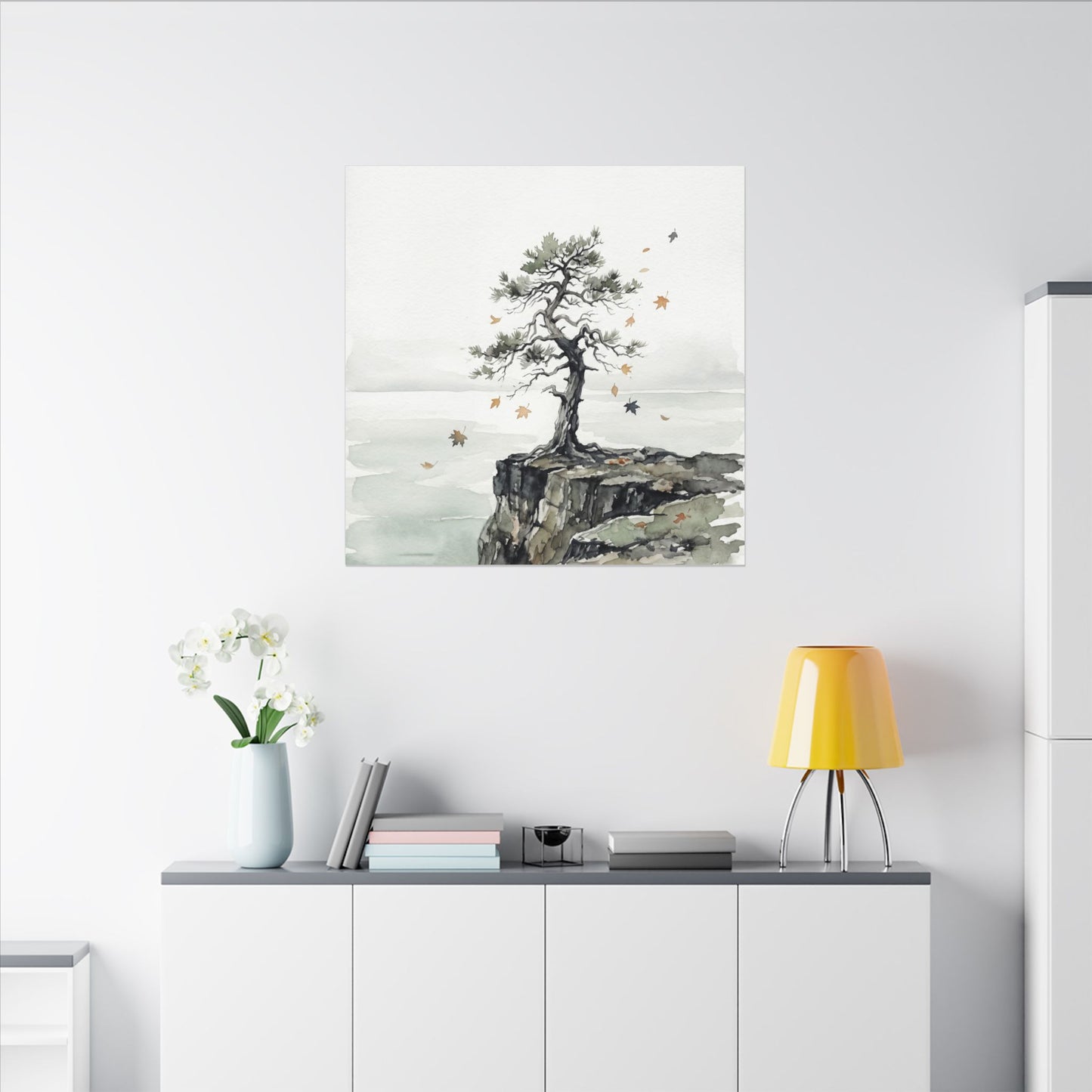 Japandi Pine Tree in Overcast | Watercolor Canvas Art