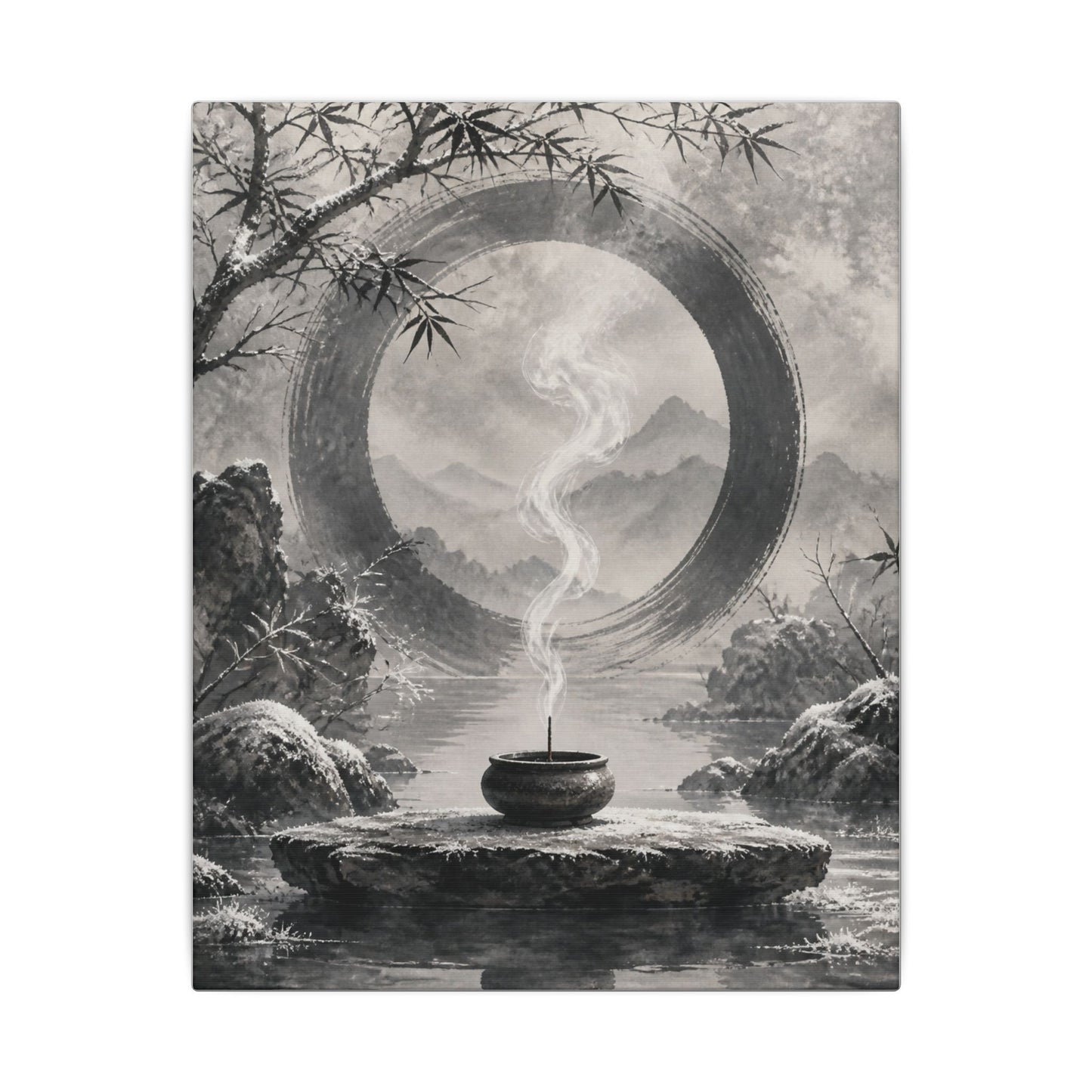 Incense Smoke Canvas Art | Winter Zen Sumi E Art