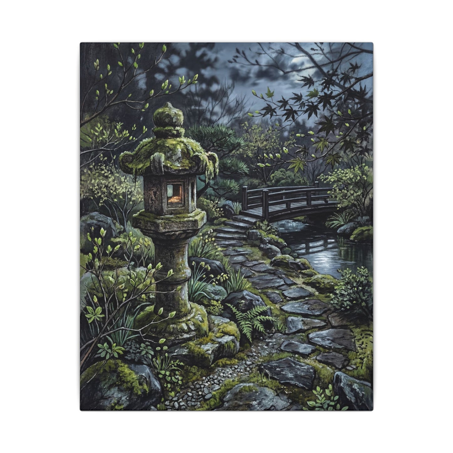 Japandi Stone Lantern in Moonlight | Texture Canvas Art