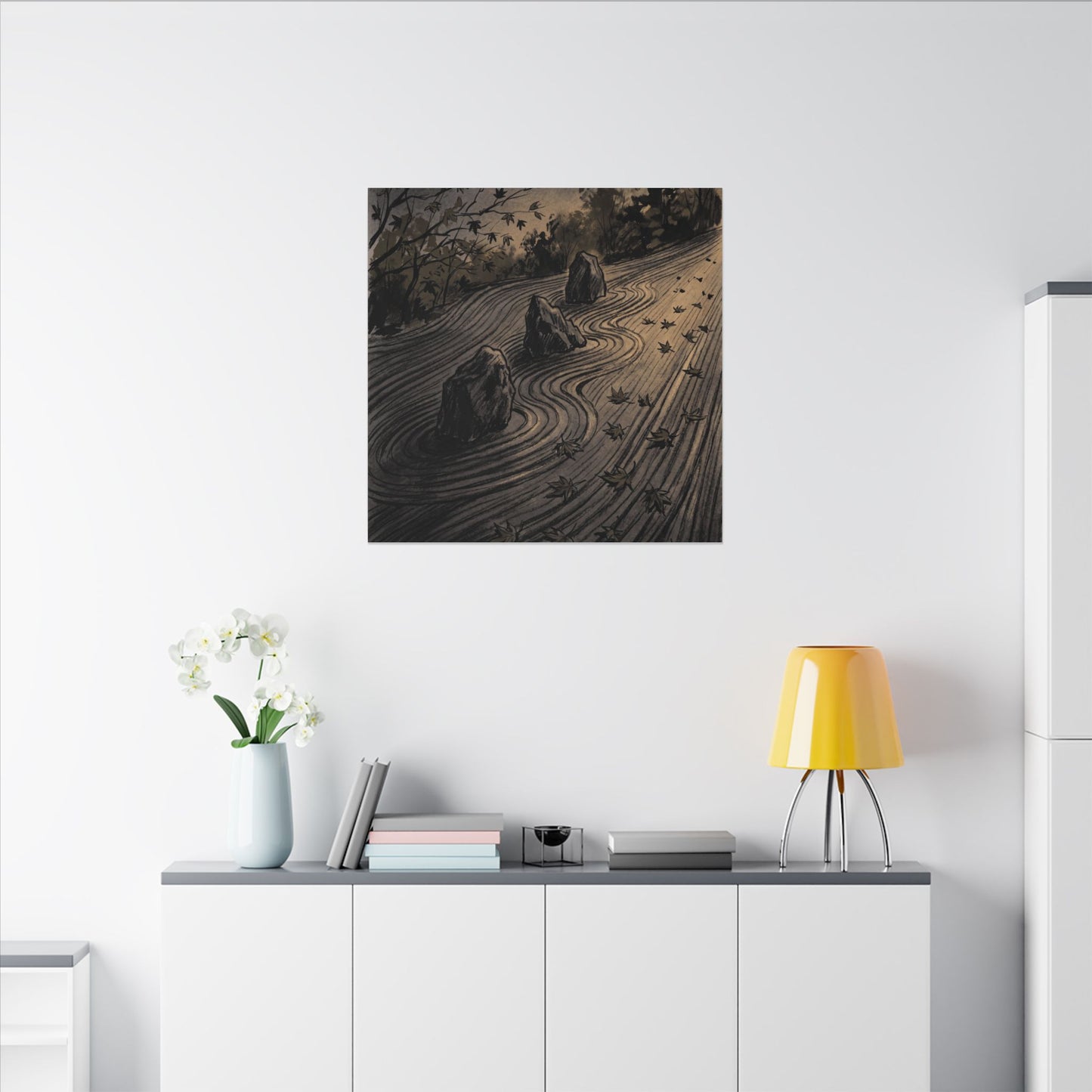 Rock Garden Canvas Art | Autumn Dark Japandi Charcoal Ink Art