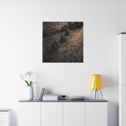 Rock Garden Canvas Art | Autumn Dark Japandi Charcoal Ink Art