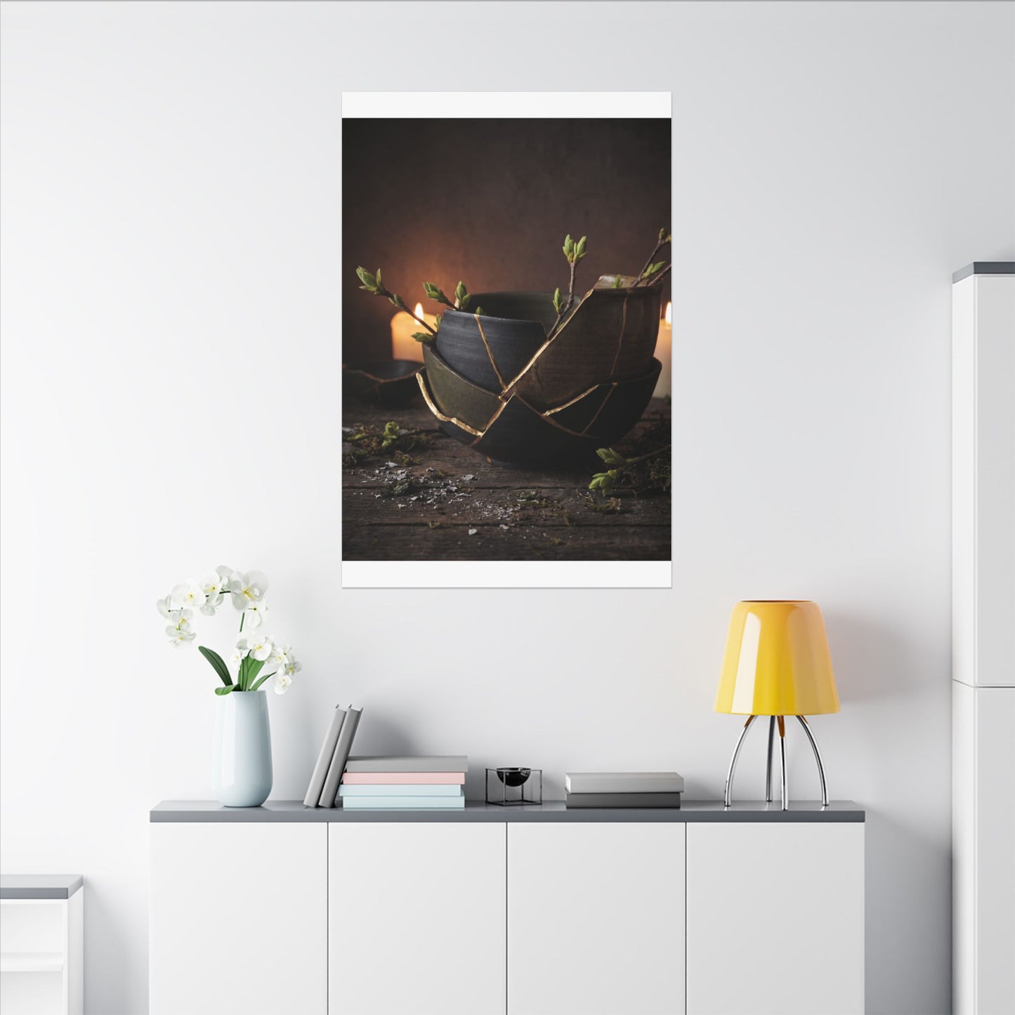 Broken Pottery Spring Canvas Art | Dark Japandi Luxurious Design
