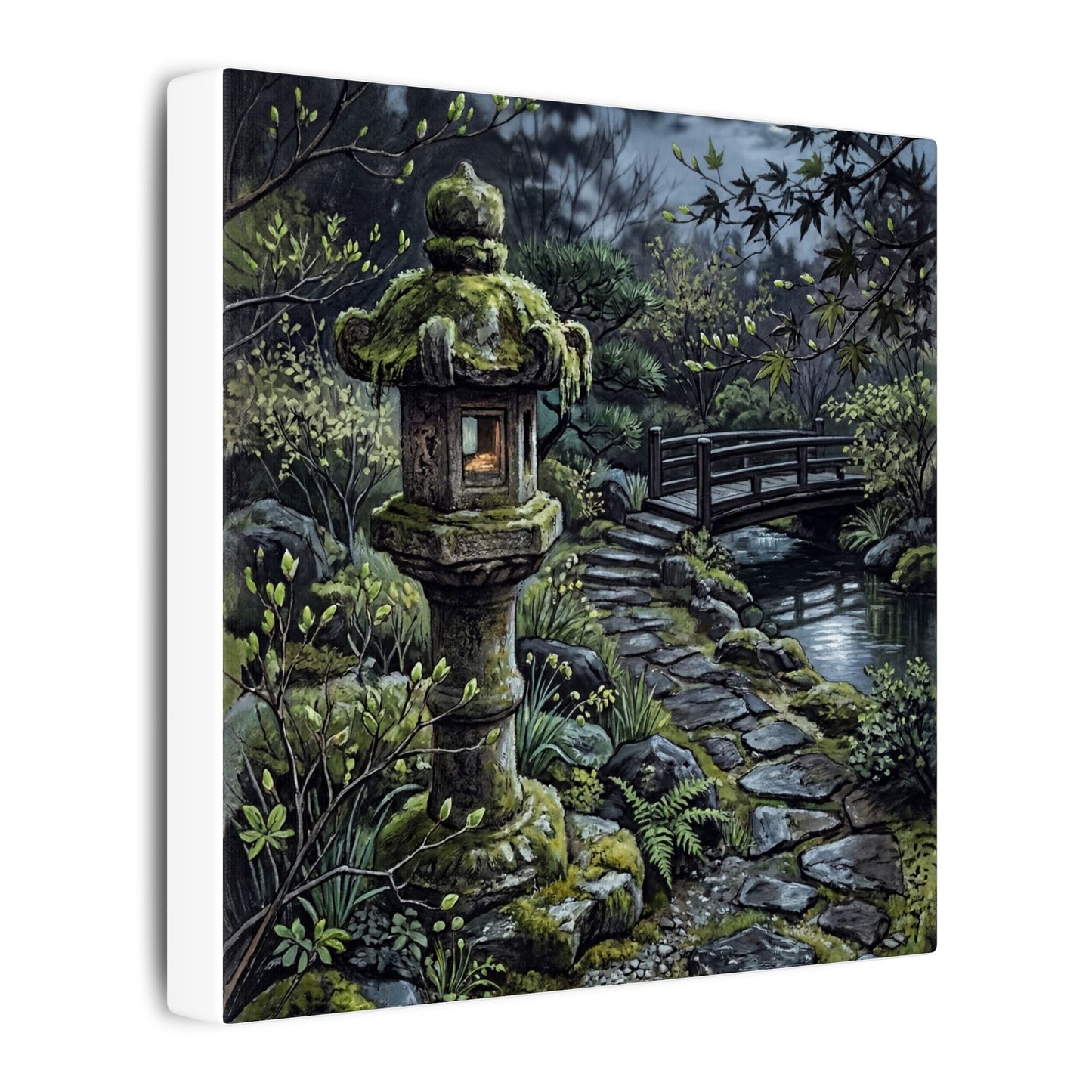 Japandi Stone Lantern in Moonlight | Texture Canvas Art
