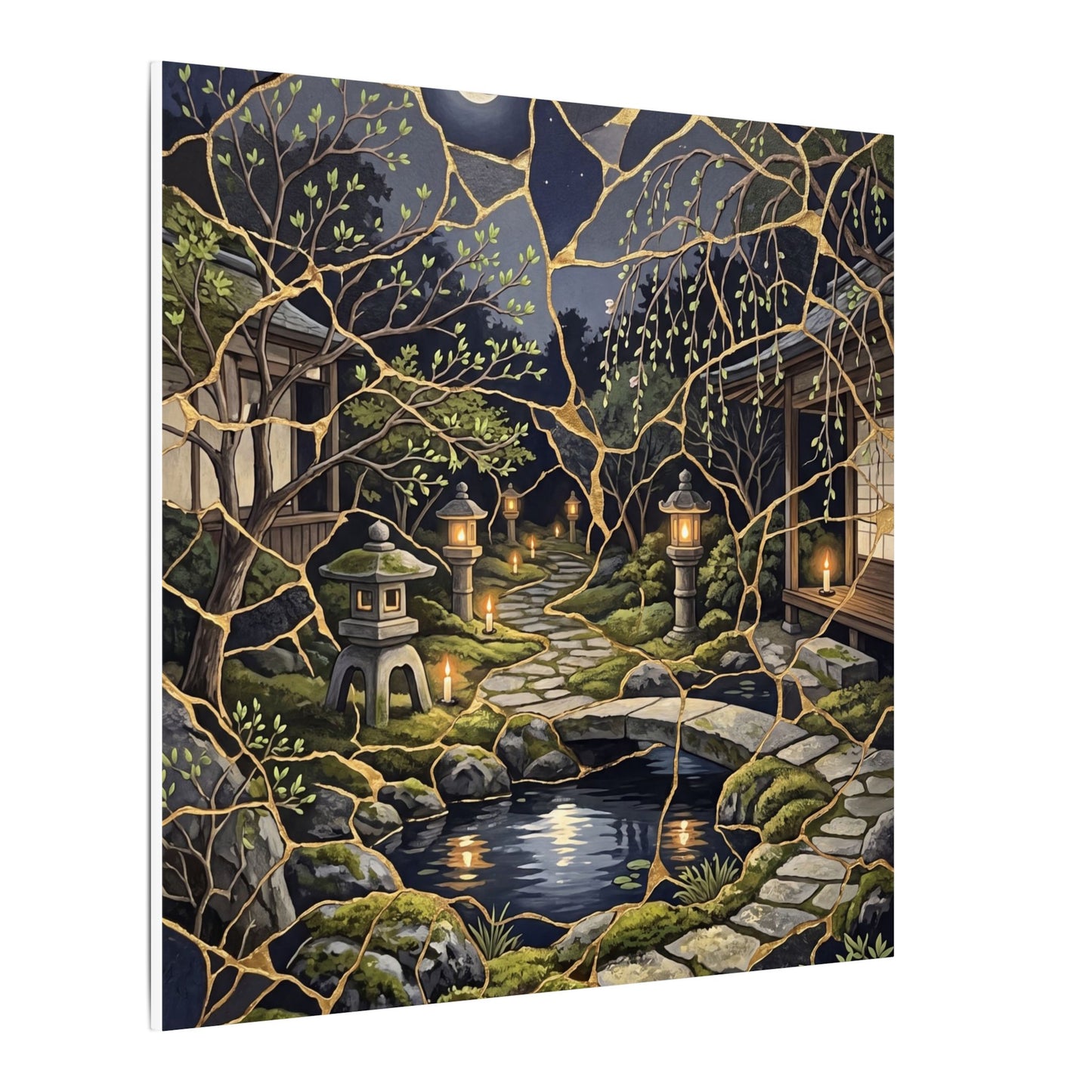 Kintsugi Moonlit Garden in Candlelight | Gold Vein Canvas Art