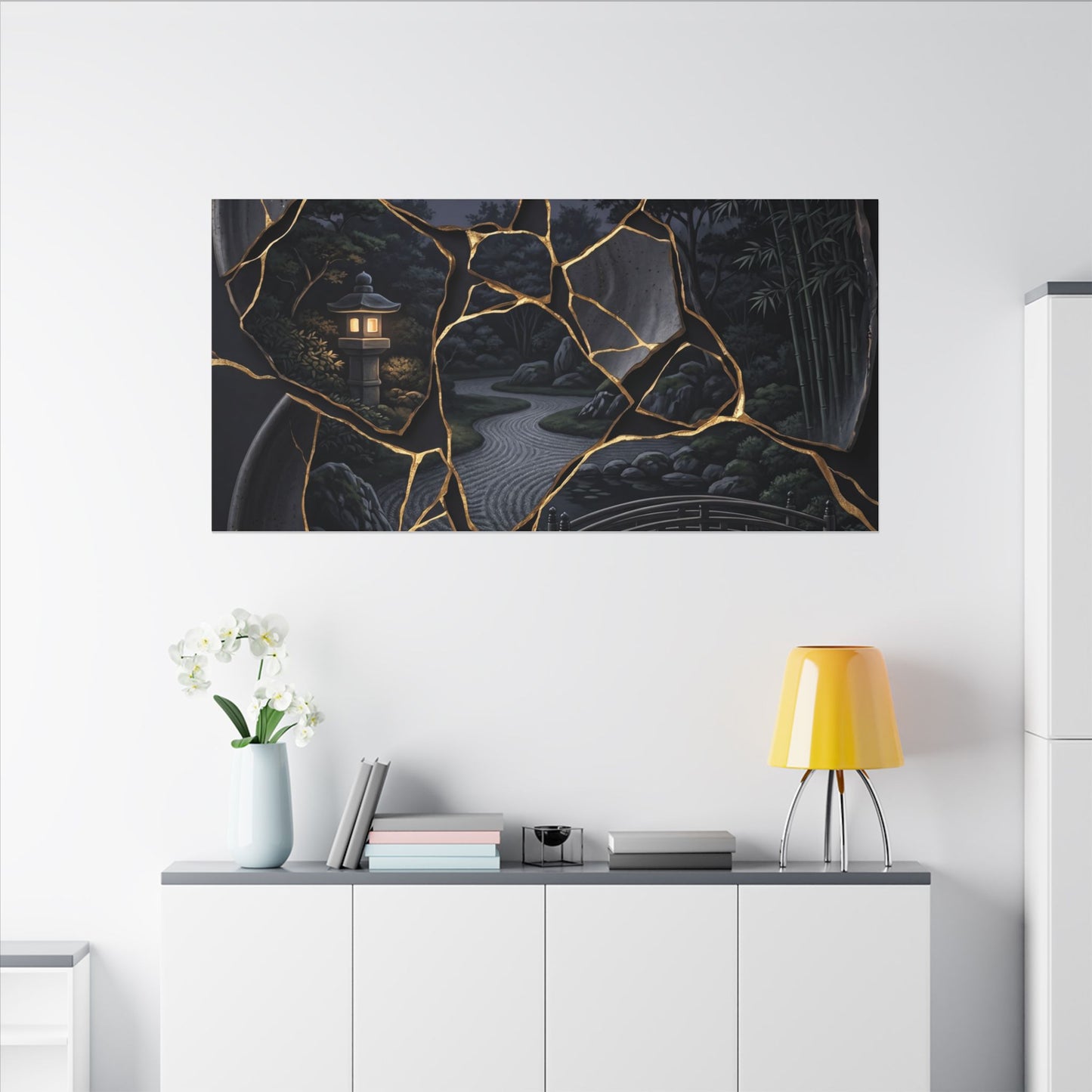 Kintsugi Moonlit Garden in Golden Hour | Gold Repair Canvas Art