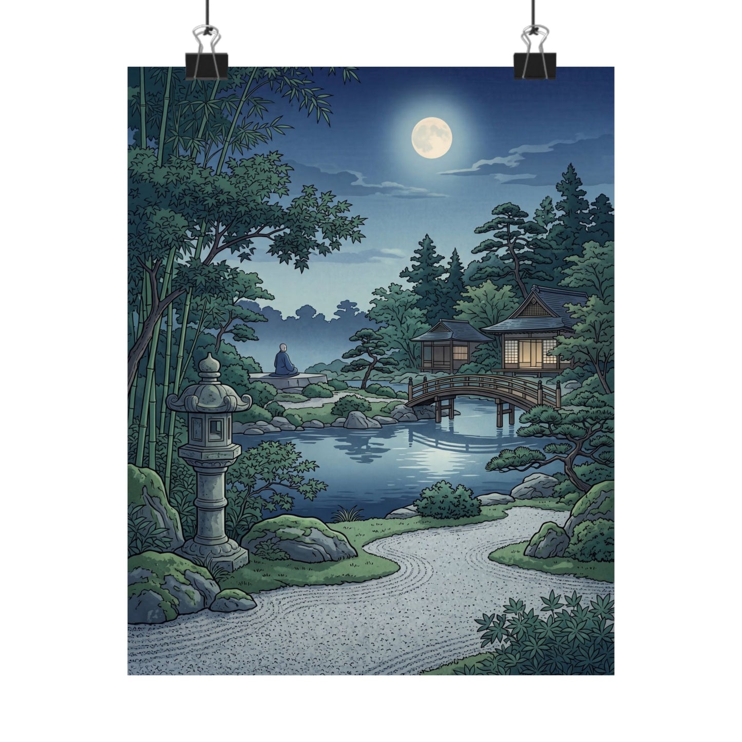 Kanso Moonlit Garden Wall Art Print - Zen Ukiyo E Inspired