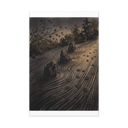 Rock Garden Canvas Art | Autumn Dark Japandi Charcoal Ink Art