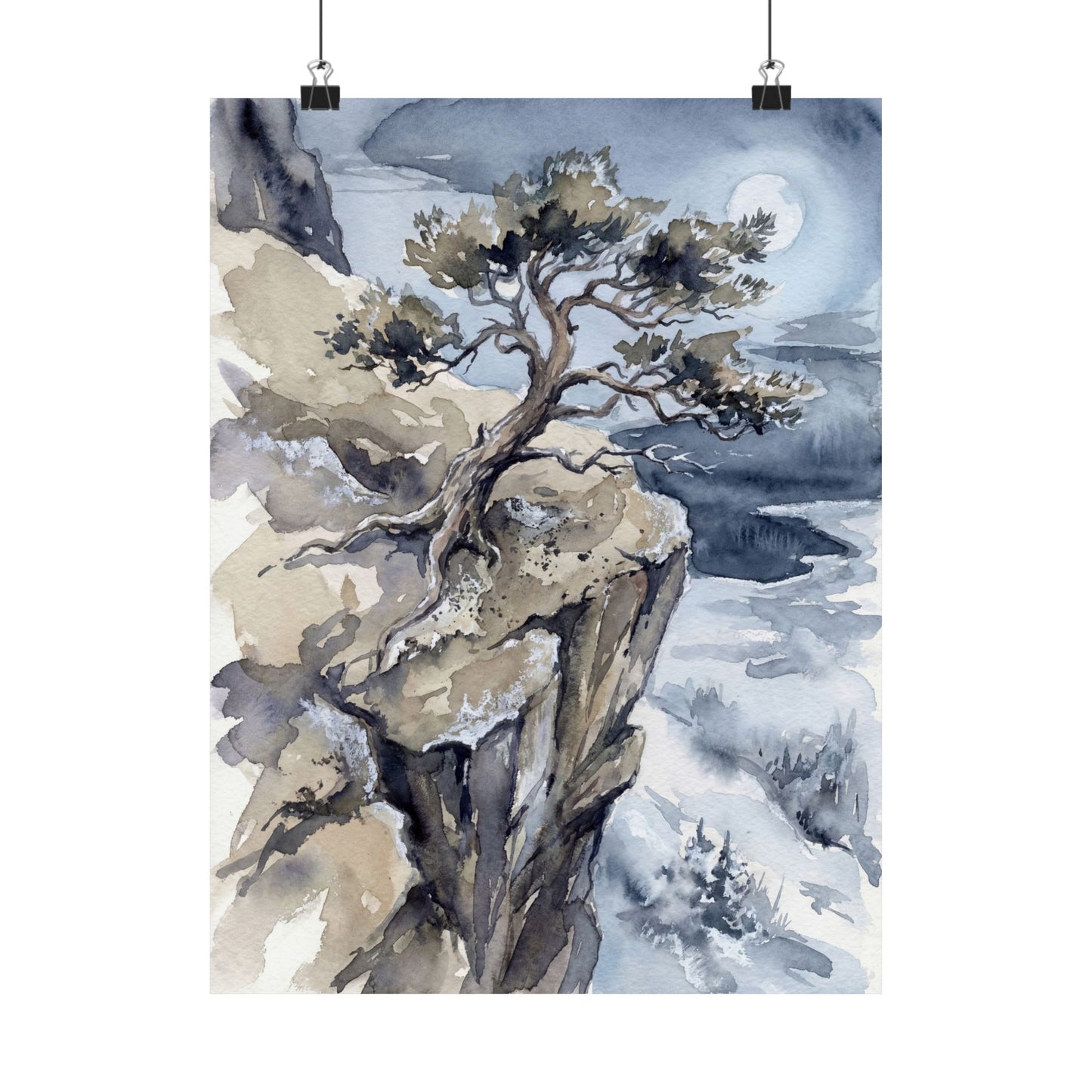 Japandi Pine Tree in Moonlight | Watercolor Wall Art Print Art Print