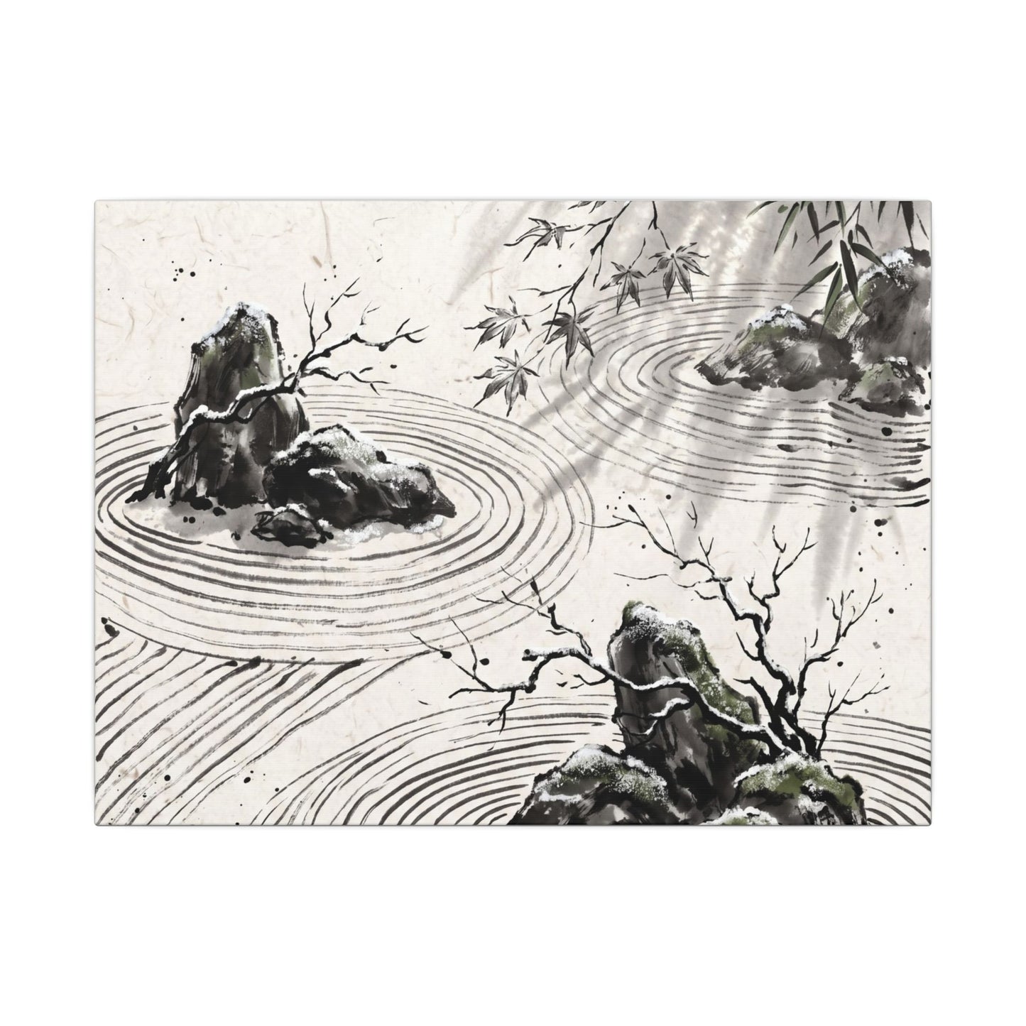 Rock Garden Canvas Art | Winter Zen Sumi E Art