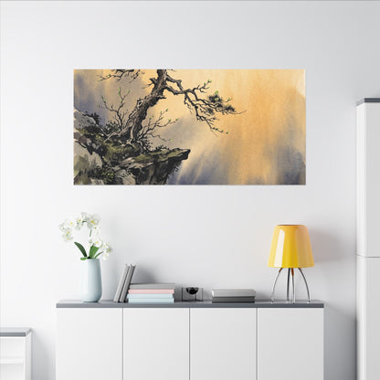Zen Pine Tree in Golden Hour | Sumi E Canvas Art