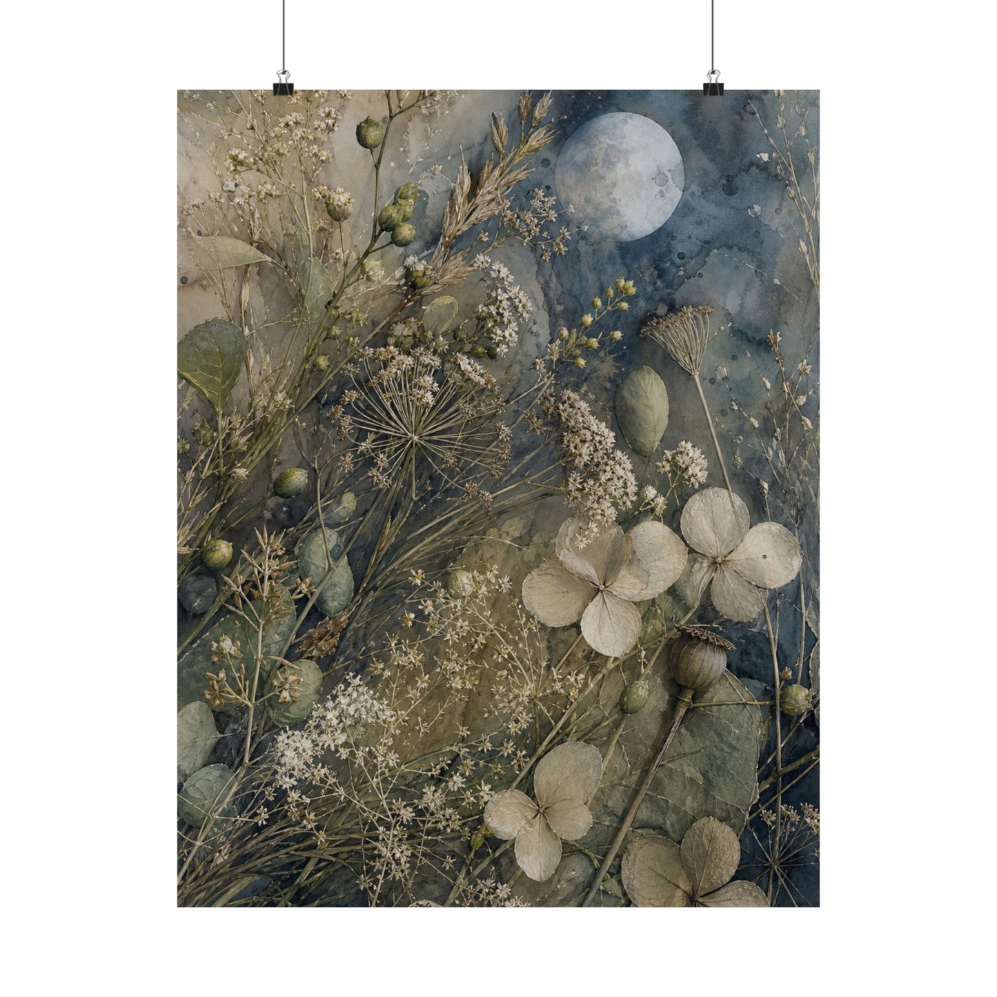 Japandi Dried Flowers in Moonlight | Watercolor Wall Art Print