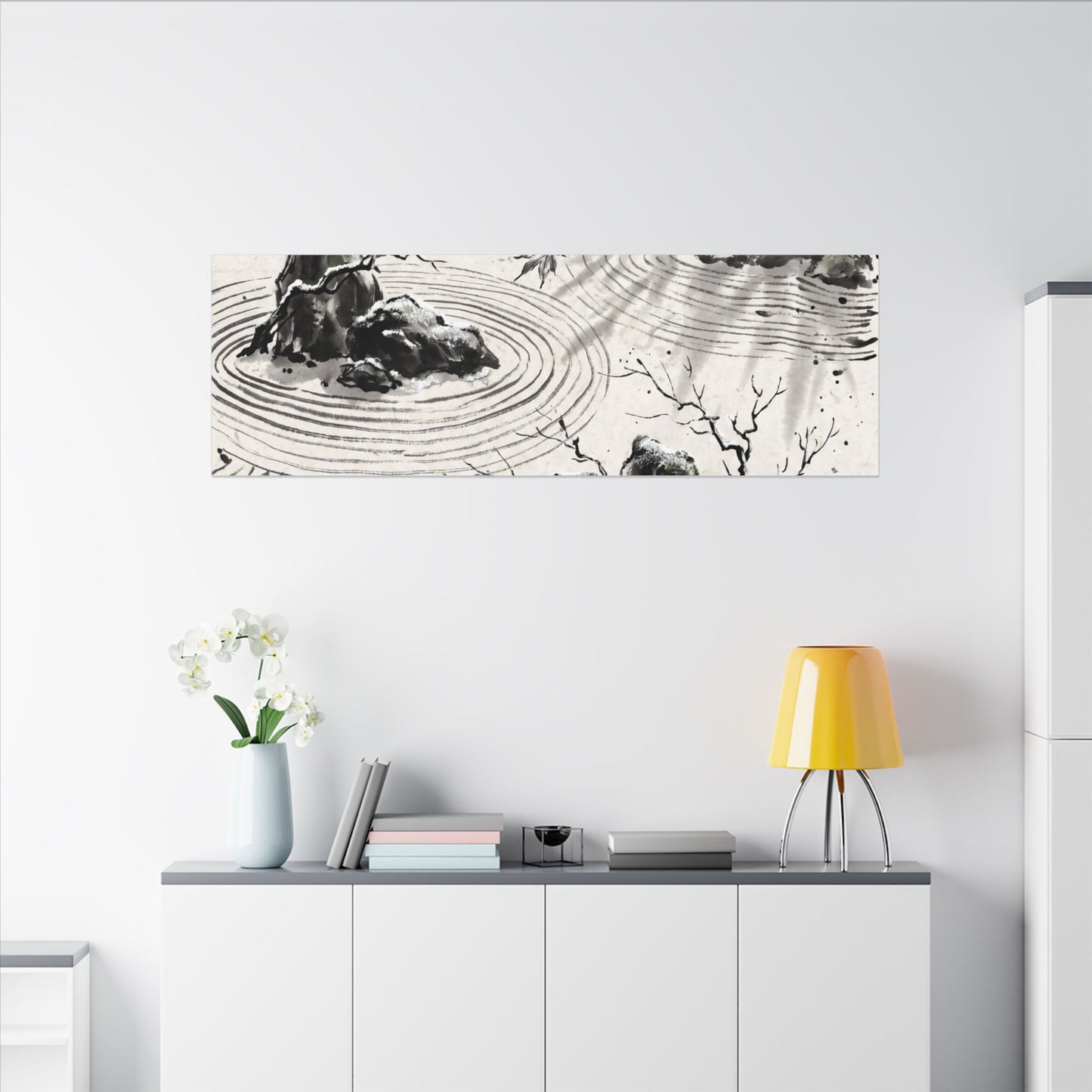 Rock Garden Canvas Art | Winter Zen Sumi E Art