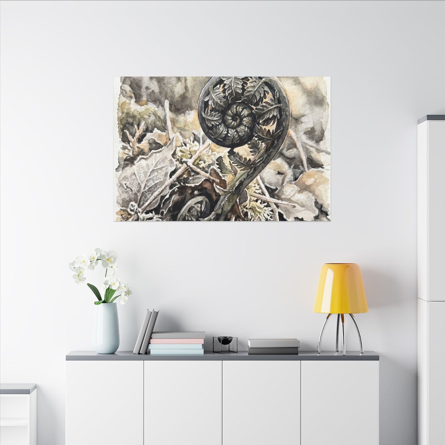 Japandi Fern Unfurling in Golden Hour | Watercolor Canvas Art