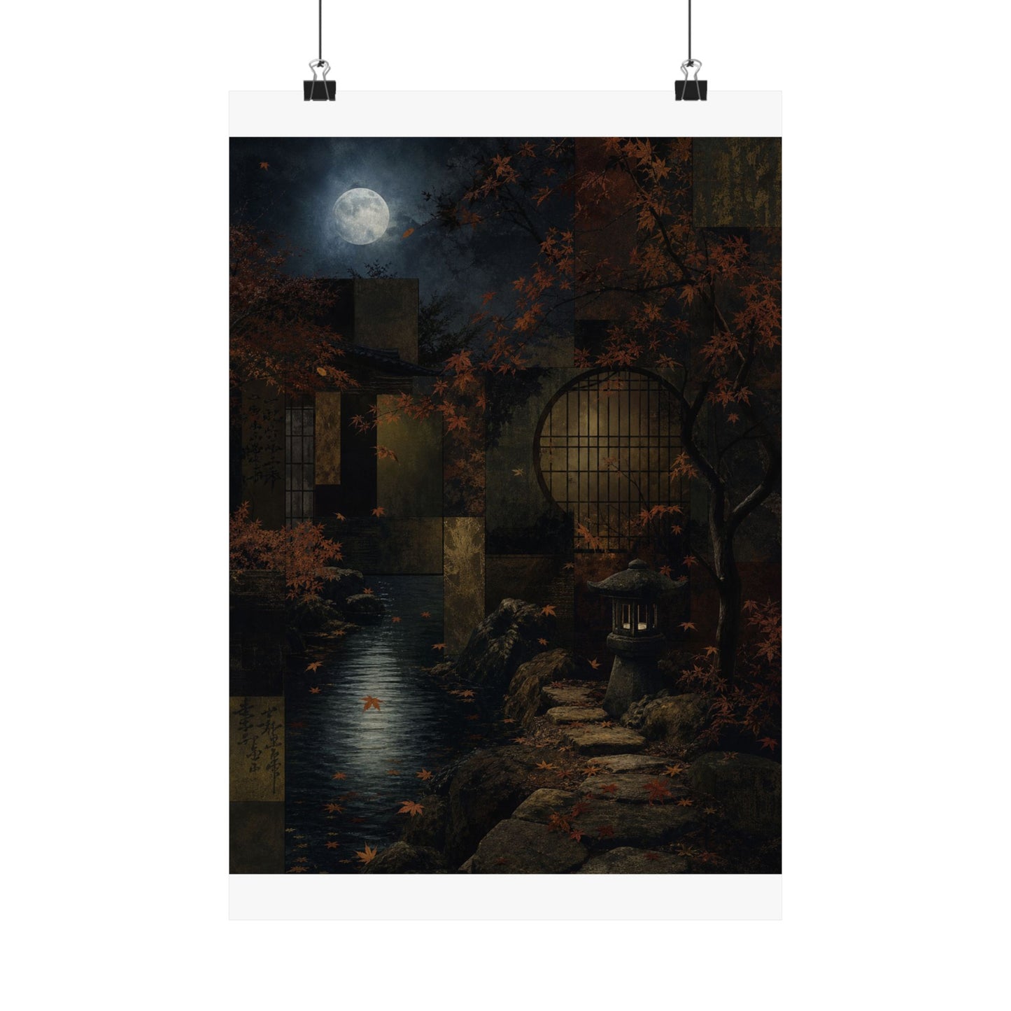 Moonlit Garden Shadow Zen Wall Art Print | Moody Dark Japandi Art