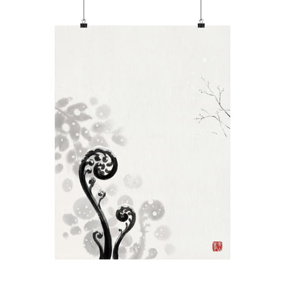 Winter Fern Unfurling Ukiyo E Inspired Wall Art Print | Serene Decor Art Print