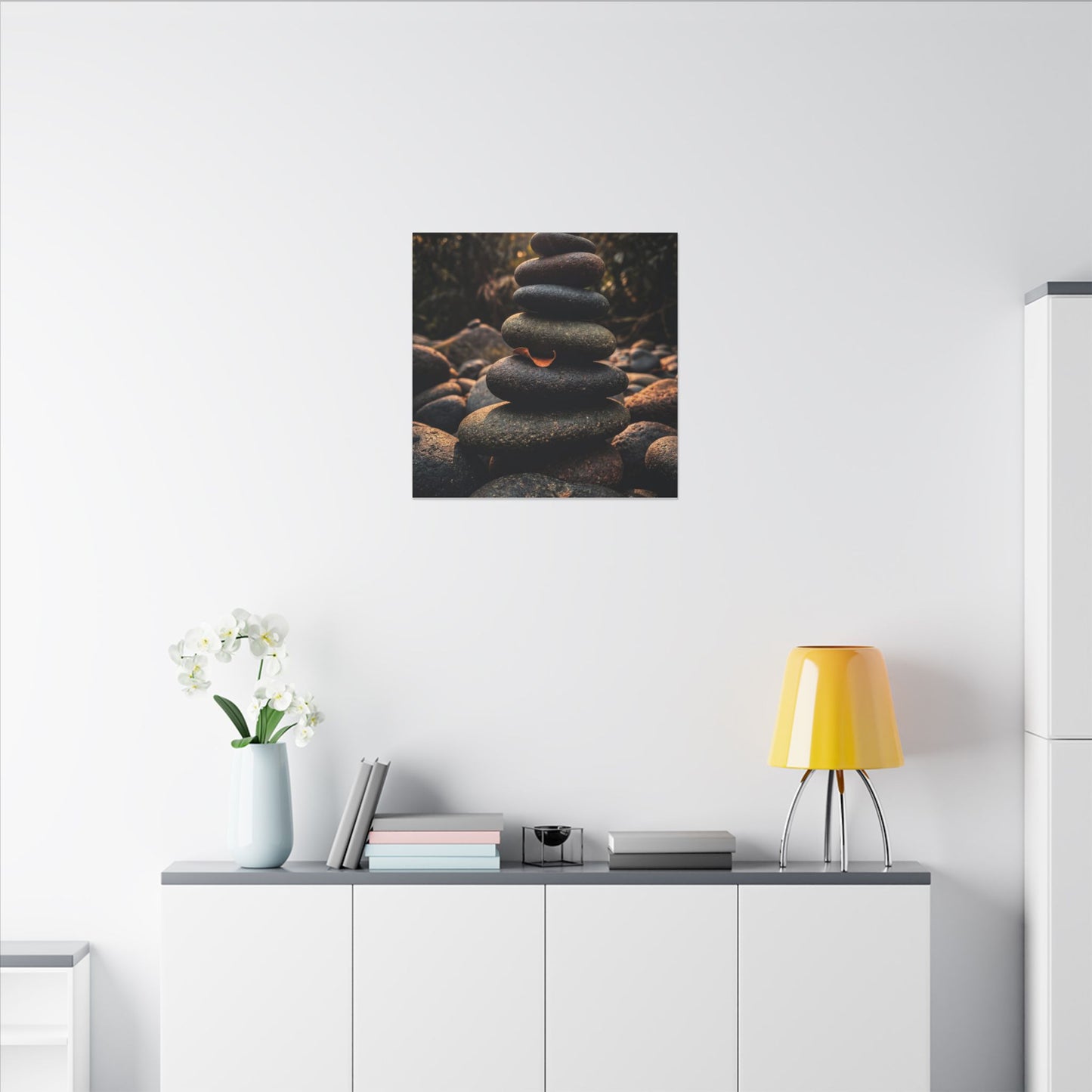 Dark Japandi River Stones in Golden Hour | Moody Minimal Canvas Art