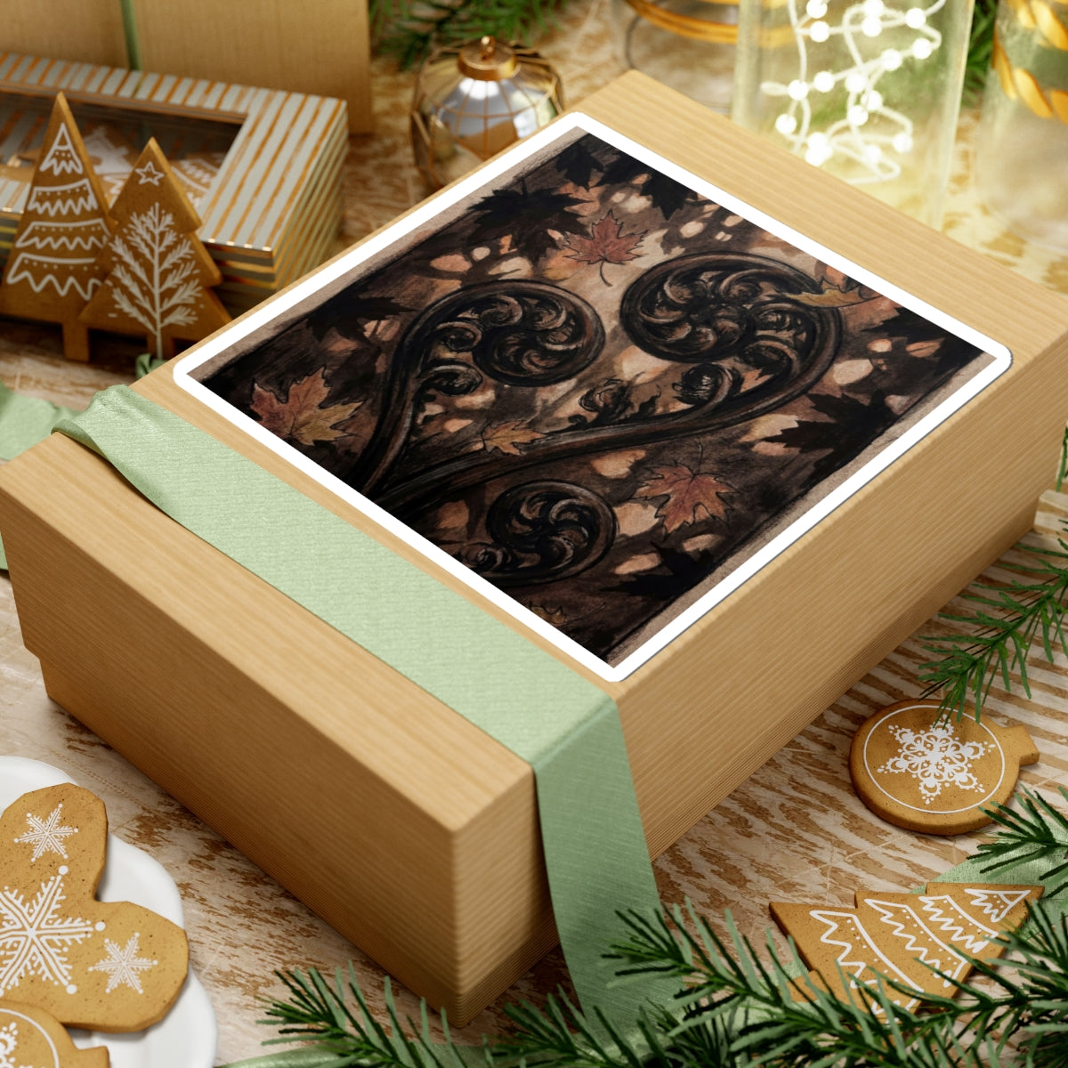 Fern Unfurling Autumn Sticker | Dark Japandi Luxurious Design Art Print