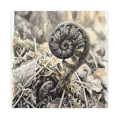 Japandi Fern Unfurling in Golden Hour | Watercolor Canvas Art
