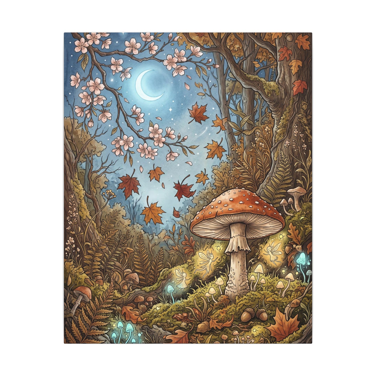 Autumn Cherry Blossom Mushroom Illustration Canvas Art | Enchanting Decor