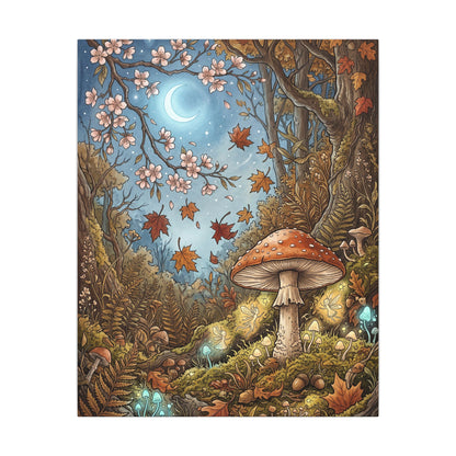 Autumn Cherry Blossom Mushroom Illustration Canvas Art | Enchanting Decor